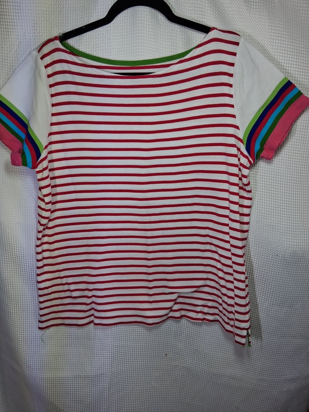 Rafaella Red & White Woman's Striped Tee with Rainbow Sleeve Bands